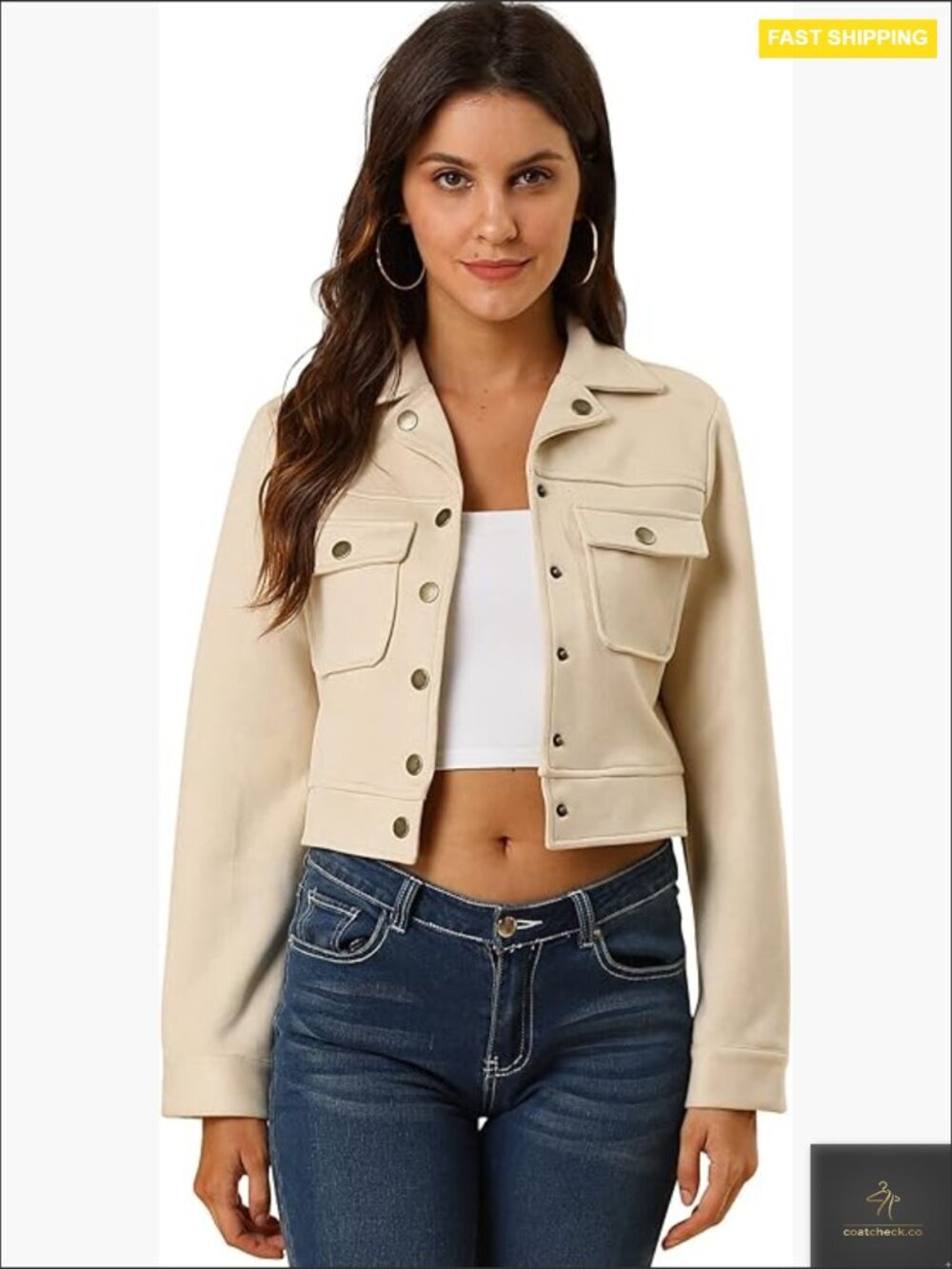 Faux Suede Cropped Jacket Button Down Snap Closure Flap Pockets Moto Biker Coat